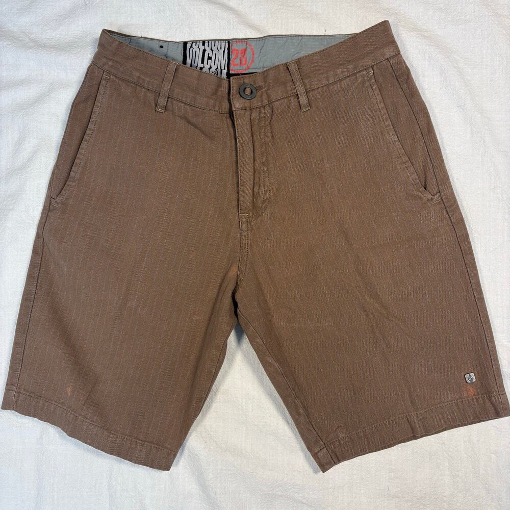 Volcom Frickin Chino Shorts Men 28 Brown Pinstripe Y2K Skate 10" Inseam